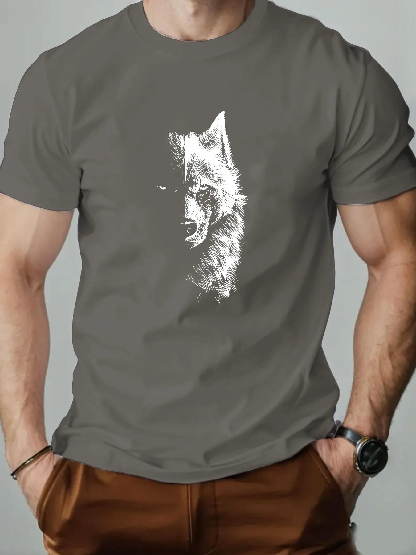 🐺 Men’s Summer 100% Cotton Casual T-Shirt,Half Wolf Pattern Print | Loose Fit | Round Neck | Breathable Comfort