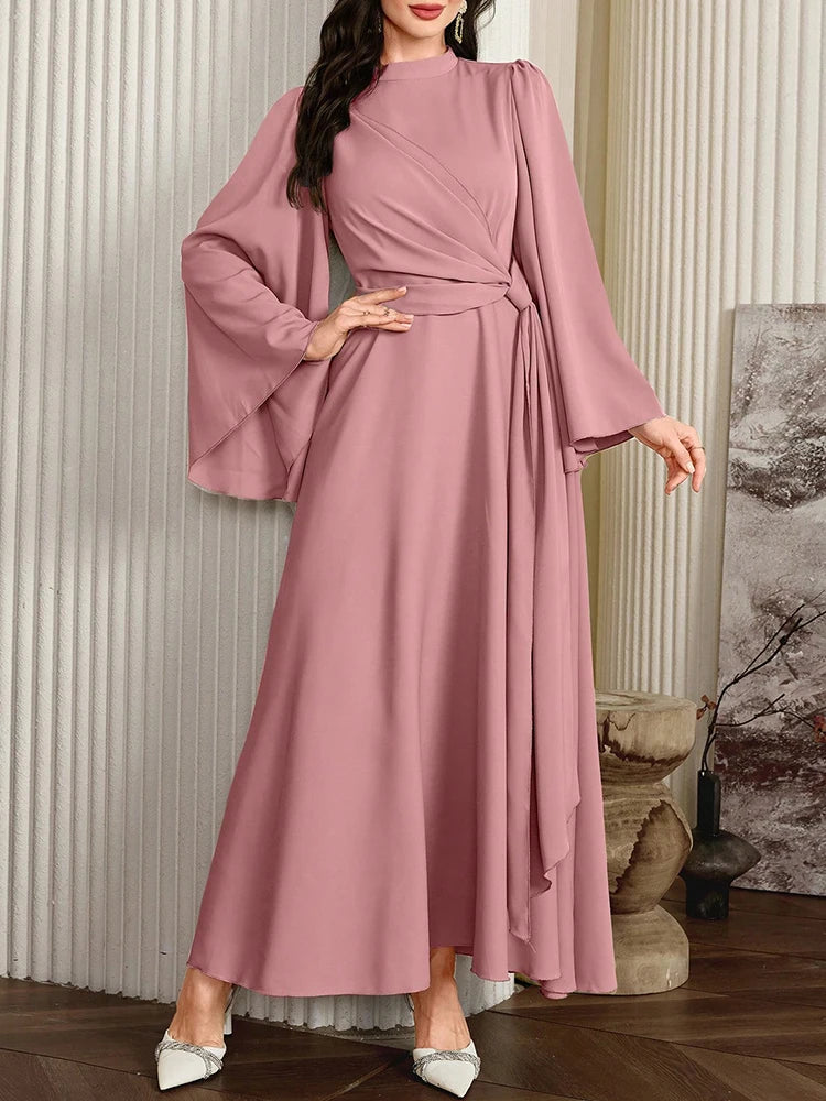 Rafiah Women's Dress 2025 Elegant Casual Arabic Style Dress with Waist Tie for Daily Simple Wear Long Evening Dress