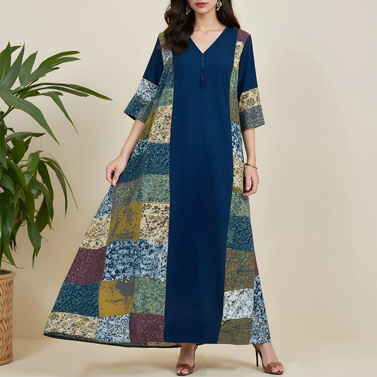 Rafiah Summer Long Arabian Dress 2025 Chic Daily Patchwork Short Sleeve V-Neck Midi Loose Fit A-Line Shift Dresses
