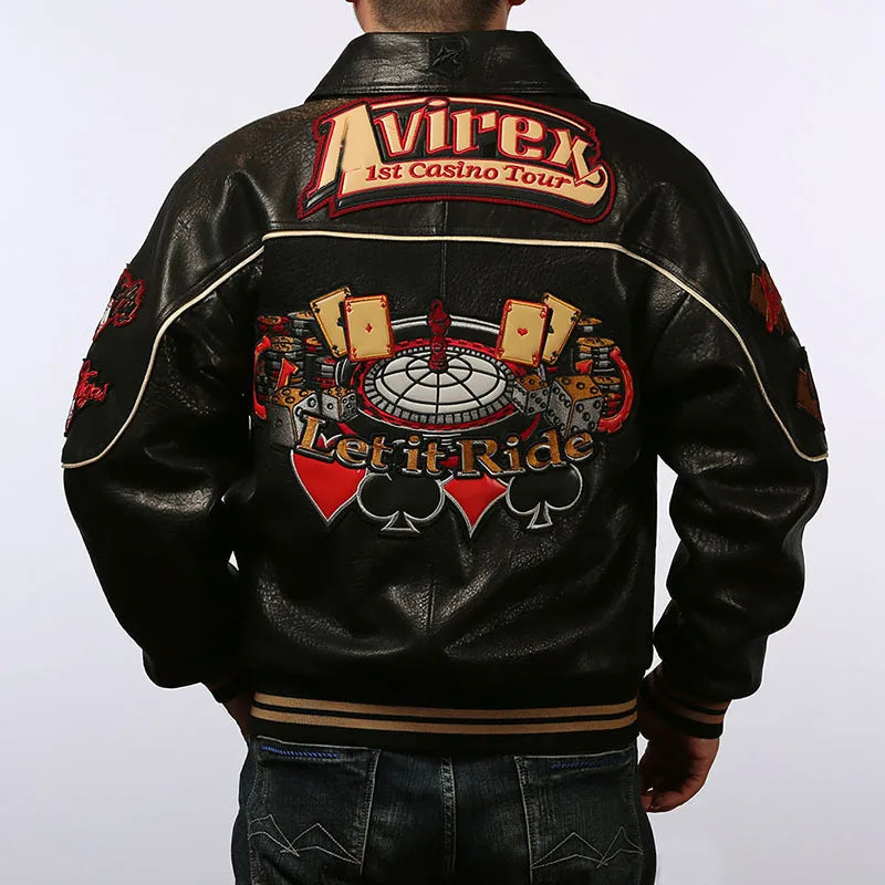 Men leather jacket sheepskin retro leisure Europe  the United States large size flight suit loose version casino poker warm