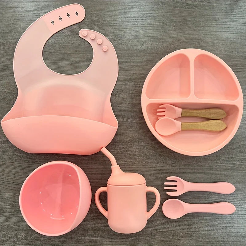 Silicone Baby Feeding Set Microwave Oven Safe for 0-3 Years Includes Suction Plate Soft Bowl Spoons Forks Bib Snack Cup