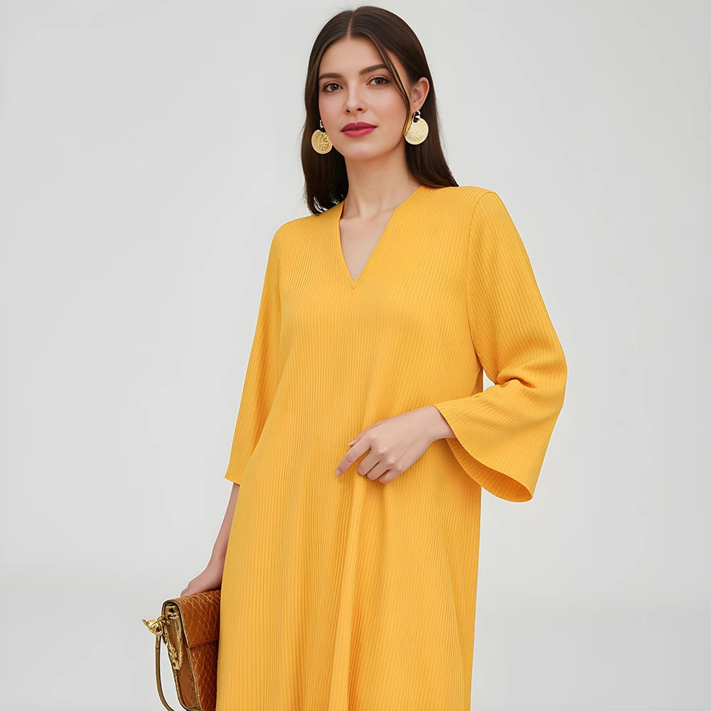 Rafiah Women's Dresses Summer Elegant Decent 2025 Plain Simple Long Sleeve V-Neck Midi A Line Casual Long Dress
