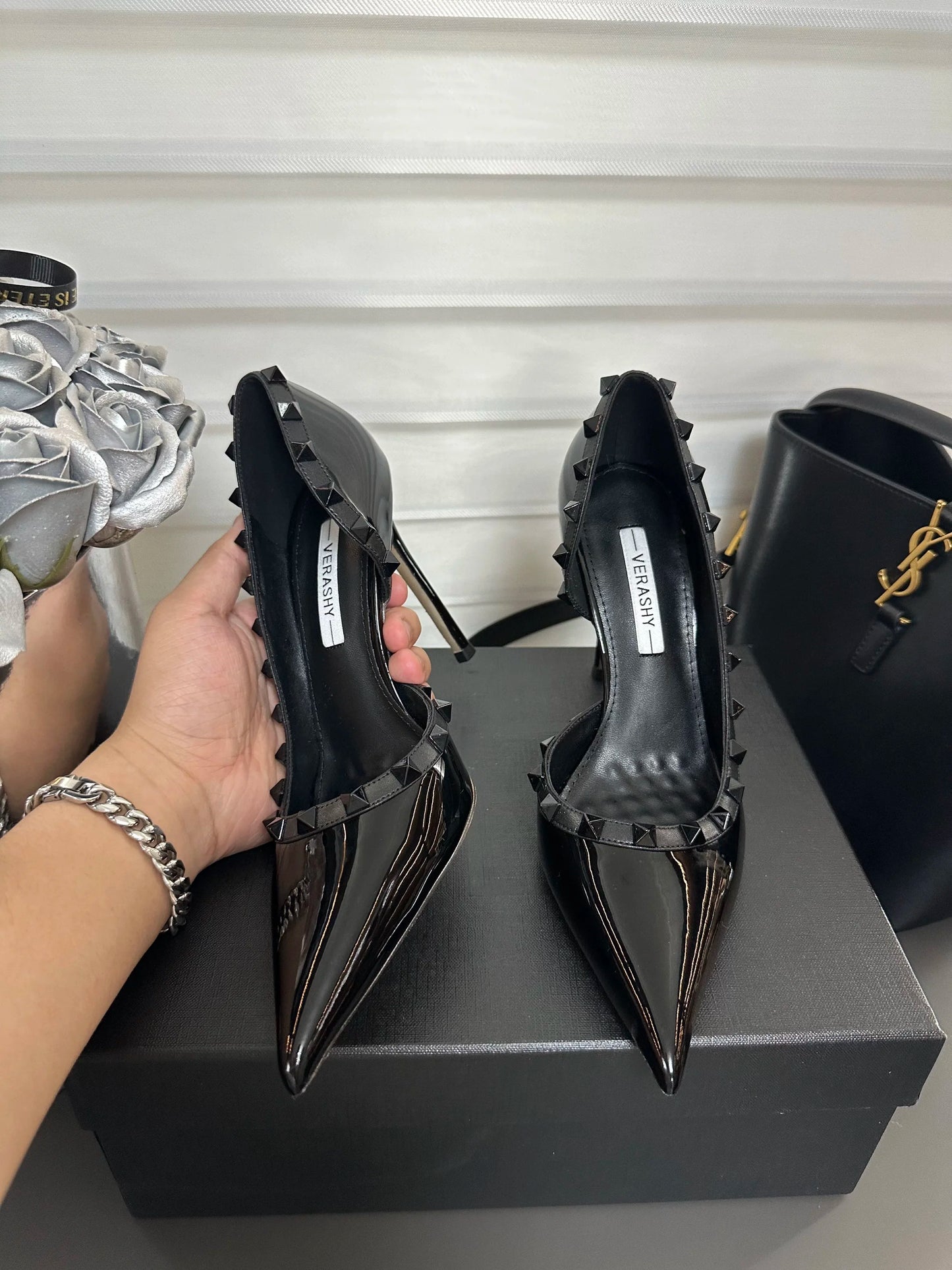 White high heels female 2025 spring and summer new side empty pointed rivets matching sexy slim heel shallow mouth single shoes