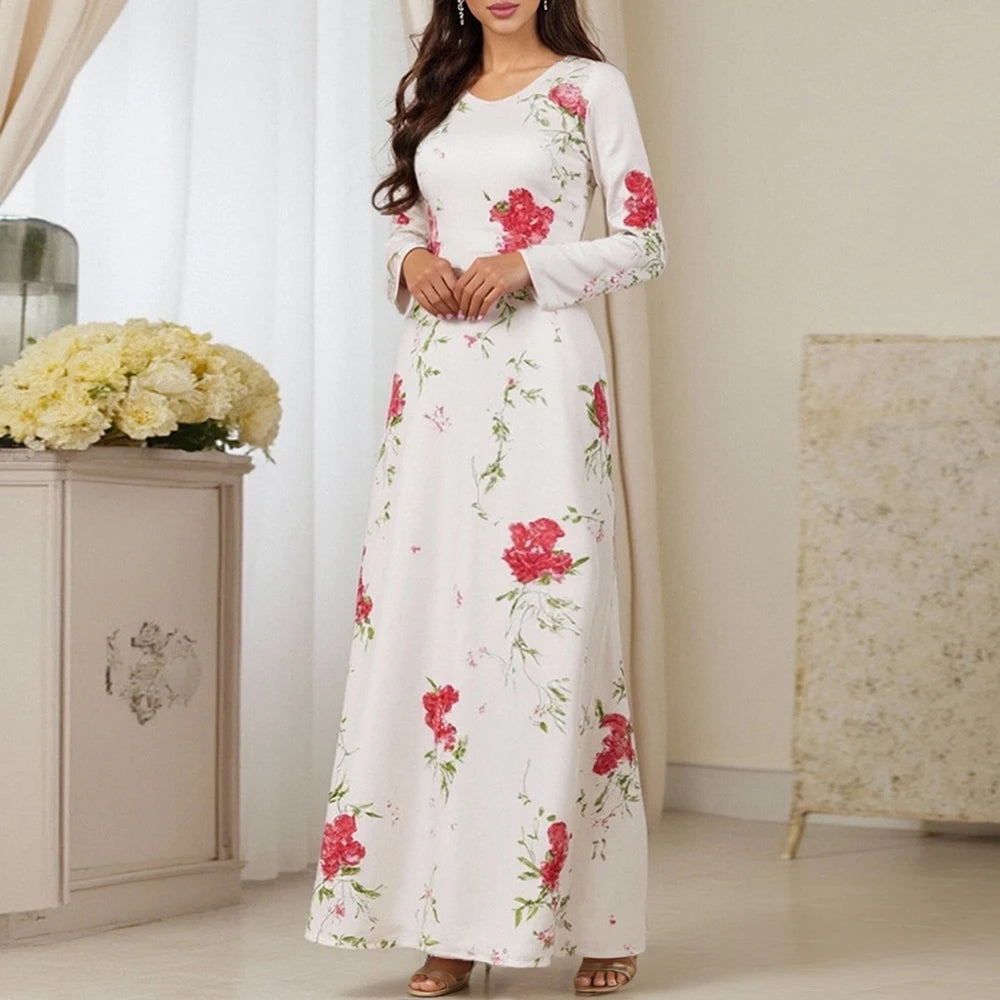 Rafiah Women's Arabian Dress Autumn Winter 2025 Elegant Fashion Floral Full Print Long Sleeve V-Neck Arabian Dress For Women