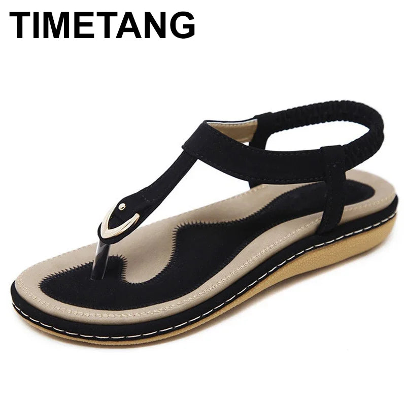 حذاء صيفي من TIMETANG للنساء، شباشب شاطئ بوهيمية، صنادل مسطحة ناعمة، صنادل نسائية مريحة غير رسمية بمقاسات كبيرة، صنادل بكعب إسفيني C065