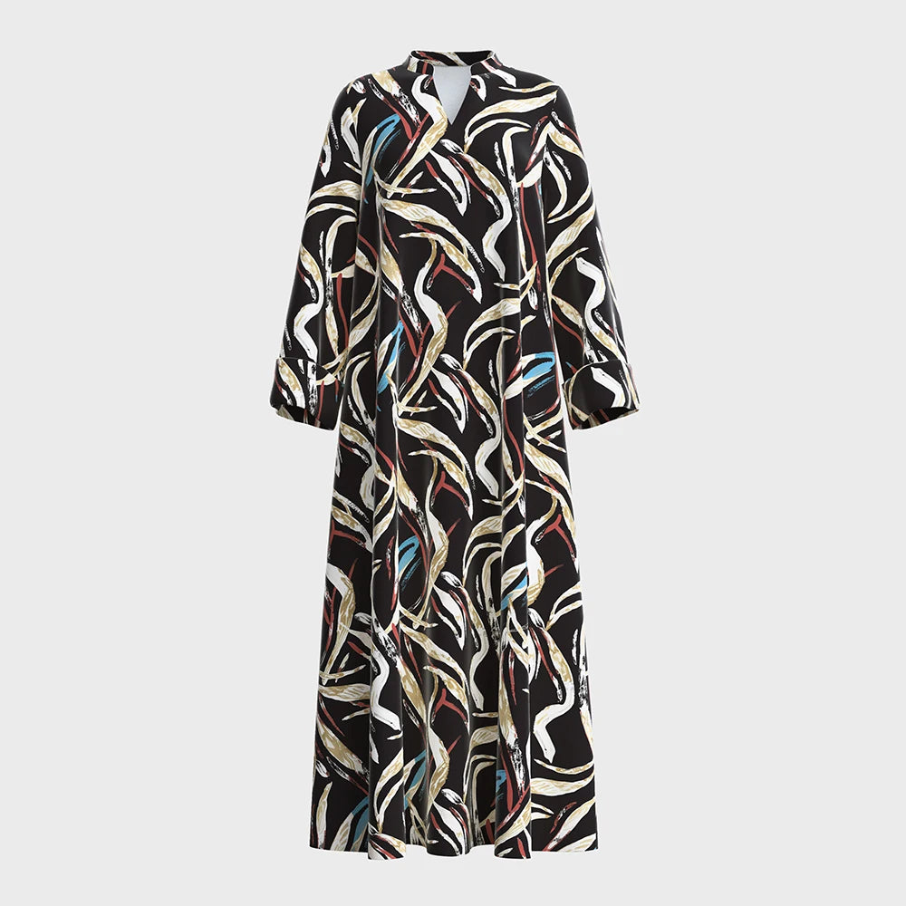 Rafiah Women's Summer Long Arabian Dress Chic Daily Irregular Grain Full Print Long Sleeve V-Neck Midi Loose Fit Dress