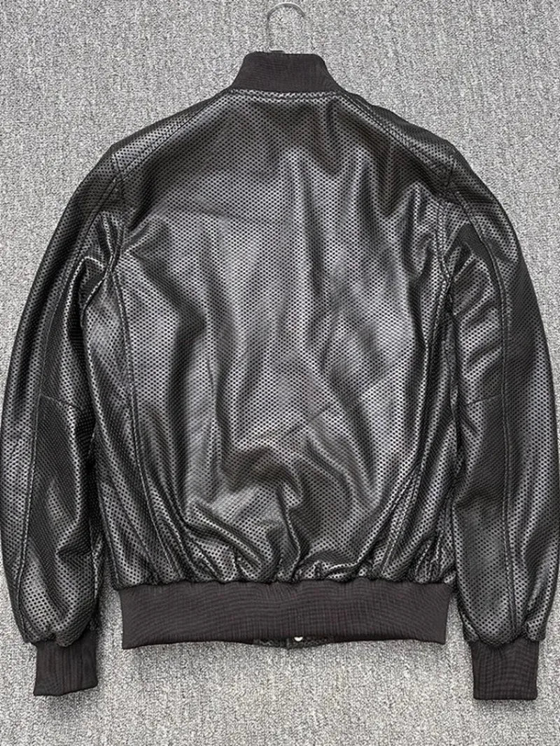 Spring Mens Genuine Leather Coat Breathable Single Breasted Stand Collar Loose Fit Bomber Jacket Real Sheepskin Casual Outerwear