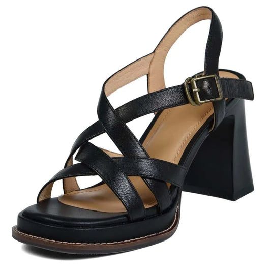 GrabliWorld Women's Genuine Leather Chunky High Heel Platform Sandals Black Beige Size 39