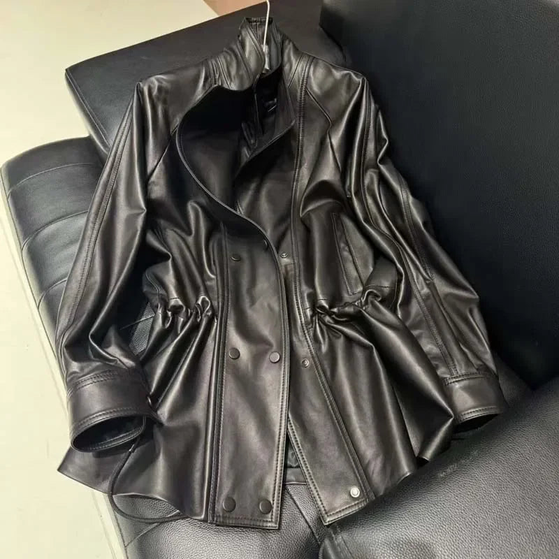 Real Sheepskin Coat Spring And Autumn Women Regular Length Pleating Design High Quality Outerwear Female Genuine Leather Jacket