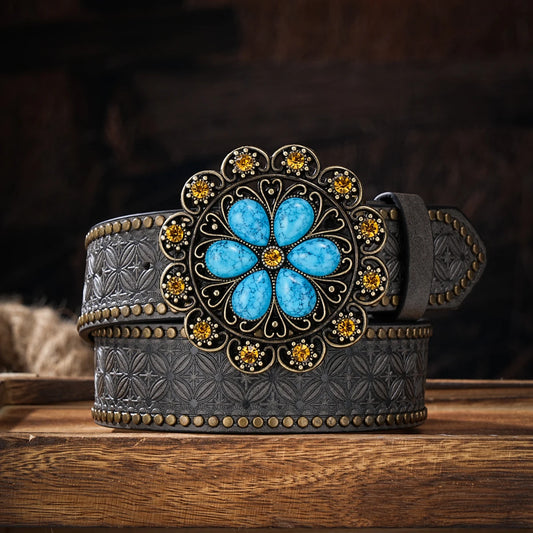 Men & Women-Western-Cowboy-PU Leather-Belts - Vintage horse Belt Floral Engraved Buckle Belt for Jeans