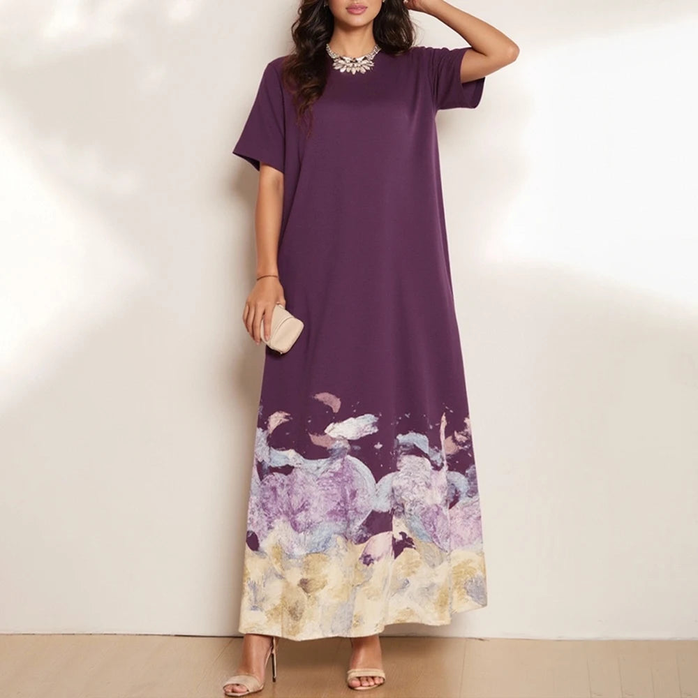 Rafiah Women's Dresses Summer Elegant Decent 2025 Grass Print Short Sleeve Round-Neck Midi A Line Casual Long Dresses
