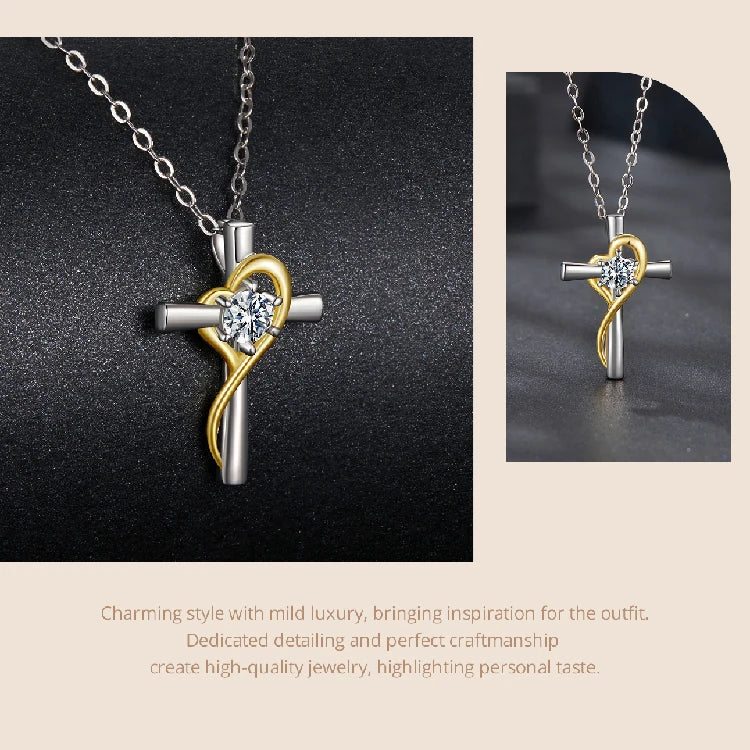 BAMOER Moissanite Cross Necklace Two-tones Gold Plated Pendant Necklace for Women 925 Sterling Silver Faith Jewelry