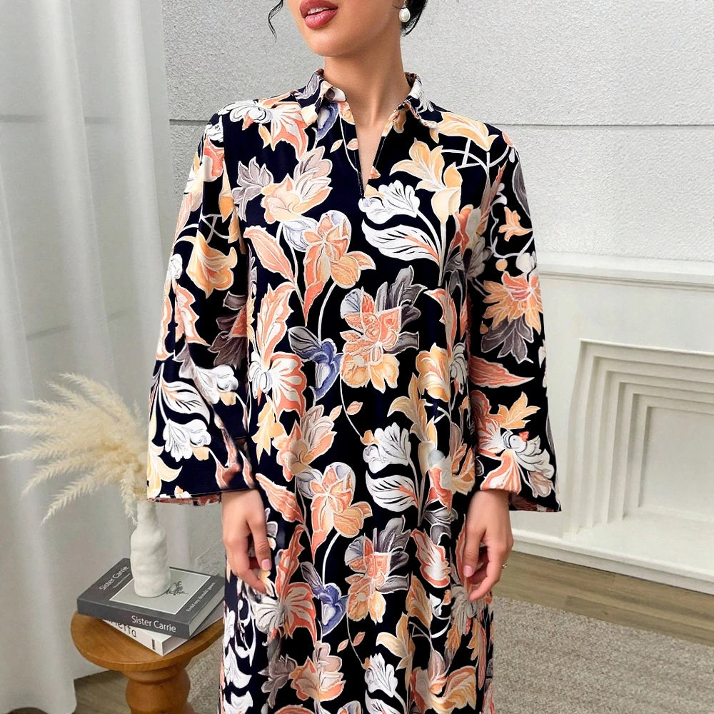 Plus Size Rafiah Women's Summer Arabian Dress 2025 Botanical Print Long Sleeve Lapel Draped Loose Fit Long Dress