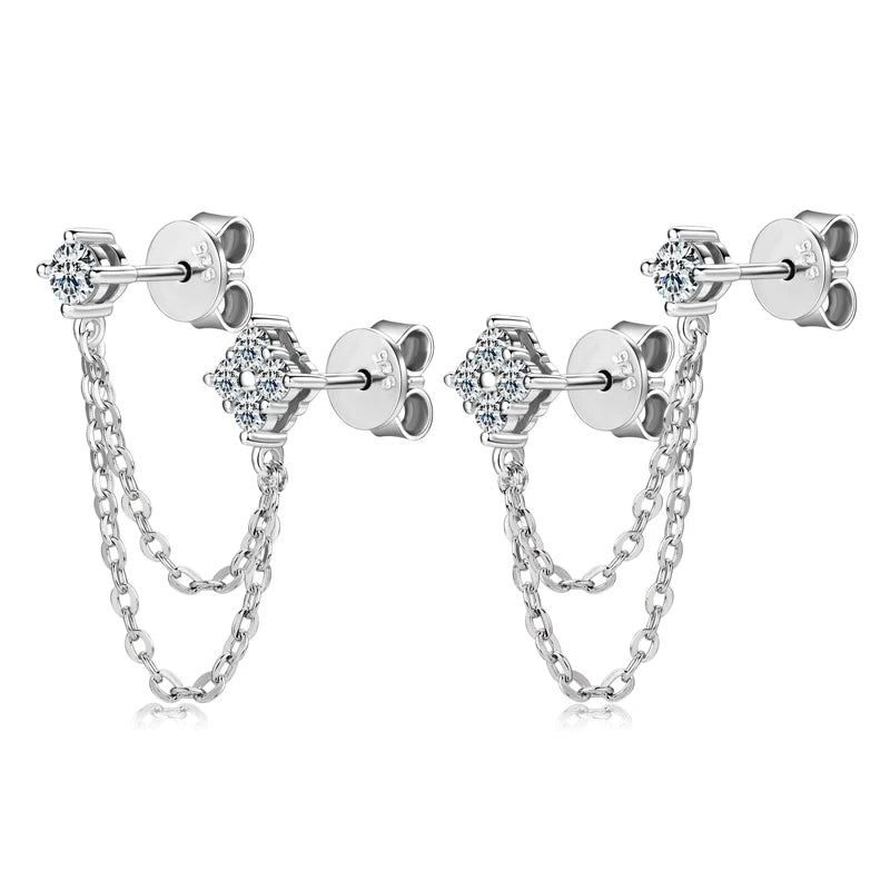 Lnngy 925 Sterling Silver Double Studs Chain Tassel Earrings GRA Certified 3mm&2mm Flower Moissanite Drop Earring For Women Gift