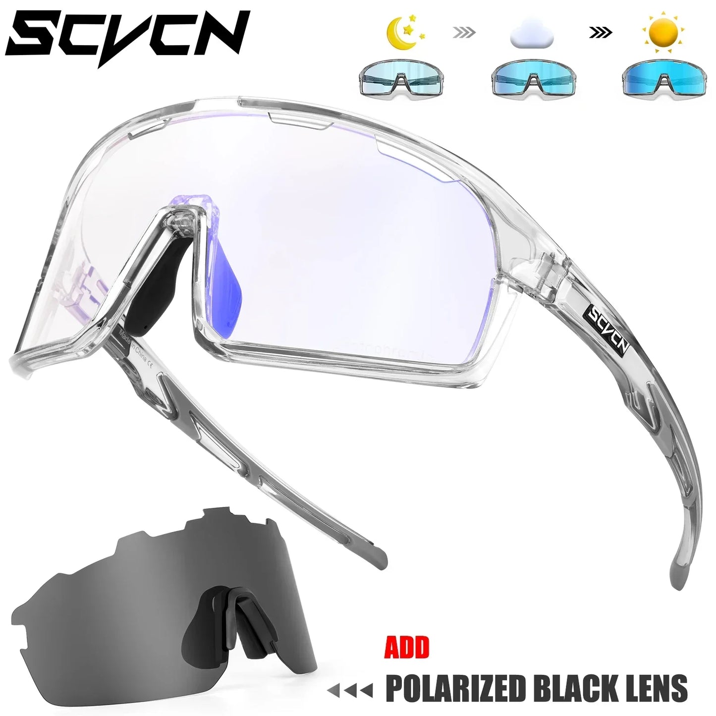 SCVCN Photochromic Cycling Sunglasses for Man Blue Outdoor Sports Bike Glasses MTB Fishing Glasses Bicycle Goggles UV400 2lens