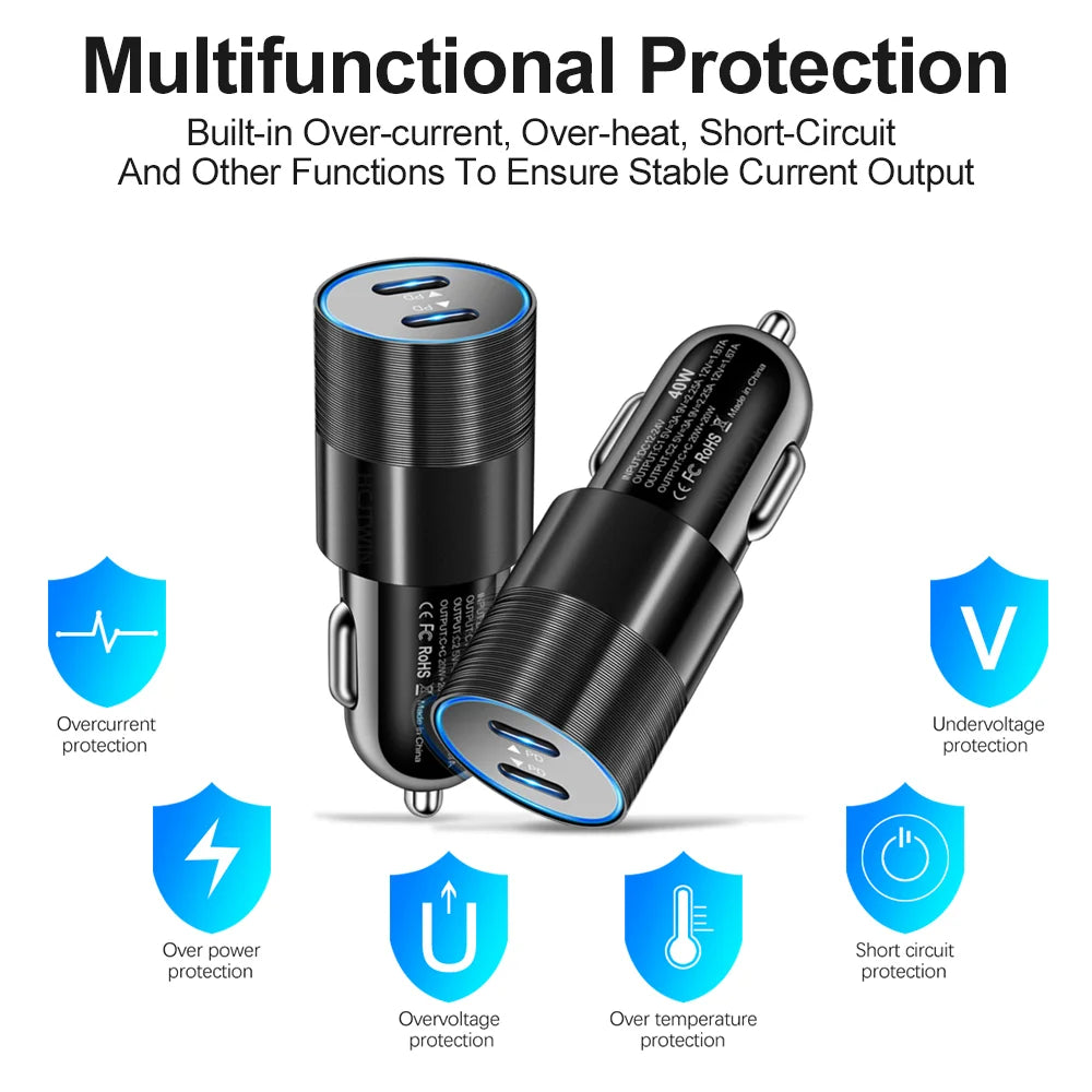 68W Dual USB Type C Car Charger Metal Auto PD Charger Adapter Fast Charging USB C Charger For CellPhone in Car For iPhone 13 12