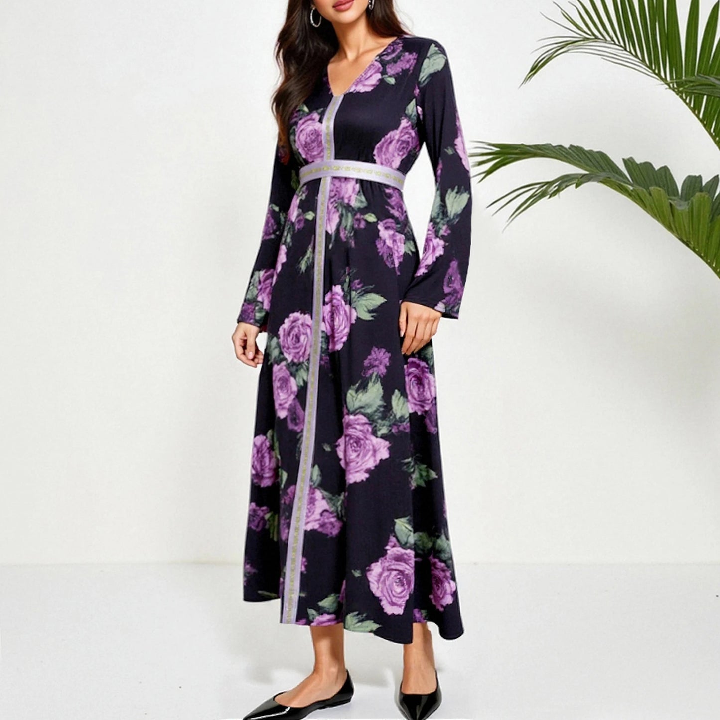 Rafiah Women's Dresses Summer Elegant Decent 2025 Ditsy Floral Long Sleeve V-Neck Midi A Line Casual Dresses