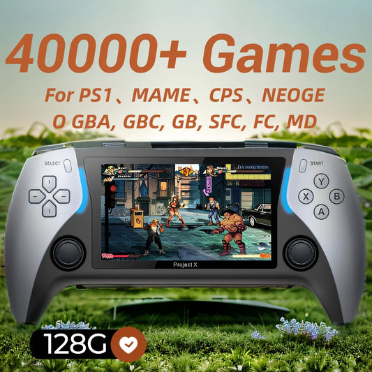 NEW Project X Portable Pocket Video Game Console 128G 4.3” IPS Screen Dual Speaker 40000+ Games For PS1 MAME CPS Children's Gift