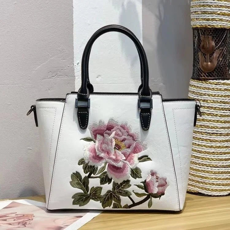 MOTAORA 2025 New Chinese Style Women's Leather Shoulder Bag | Embroidery Flower Handbag