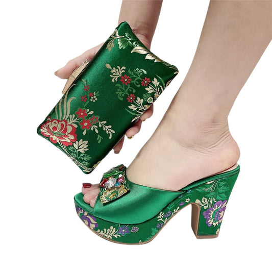 Gladiator Sandals & Bag Set – Green Rhinestone Embroidery, High Heel Party Shoes