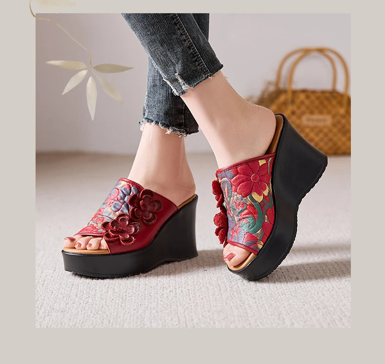 Genuine Leather Women Flower High Heels Wedges Summer Platform Slippers