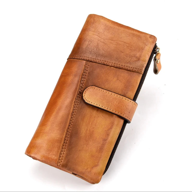 Motaora Vintage Cowhide Purse Oil Wax Long Wallet For Ladies Multi-card Splicing Wallet Genuine Leather coin purses holders