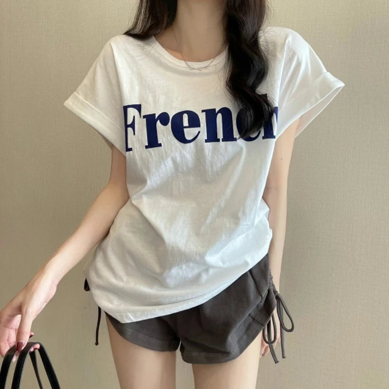 Loose ort Sve T-irt Women's Summer Thin Design Sense  Hong Kong Sle Chic Retro Top Trendy round Ne Polyester ...