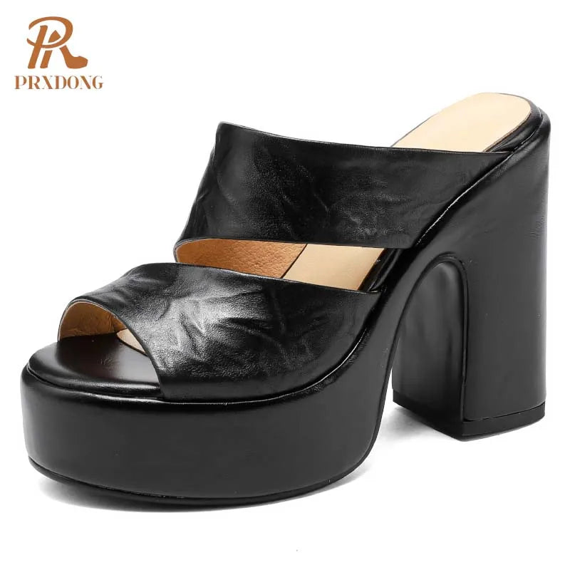 Women's Genuine Leather Chunky High Heels Open Toe Sandals Black Brown Size 39