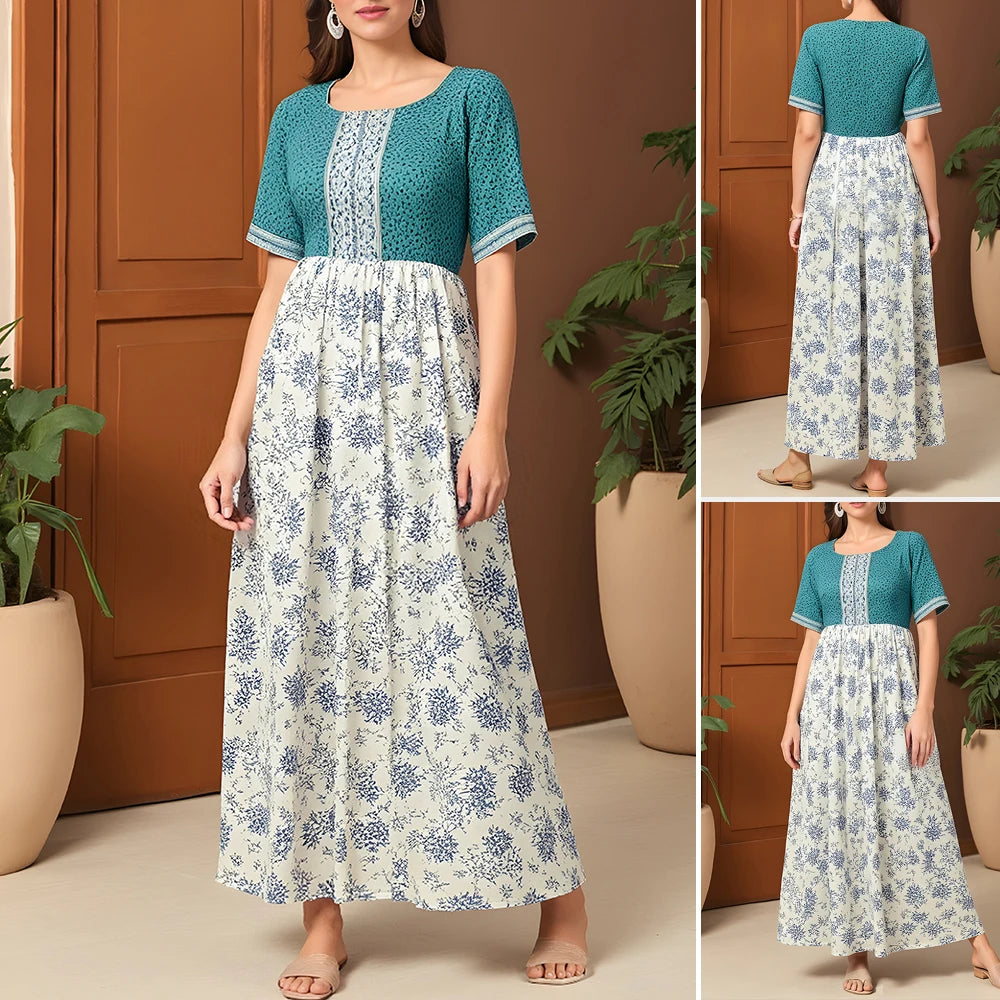 Rafiah Women's Dresses Summer Fashion Elegant 2025 Floral Cultural Short Sleeve Round Neck A-Line Midi Vacation Long Dress