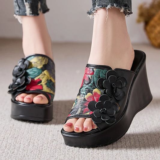 Genuine Leather Women Flower High Heels Wedges Summer Platform Slippers