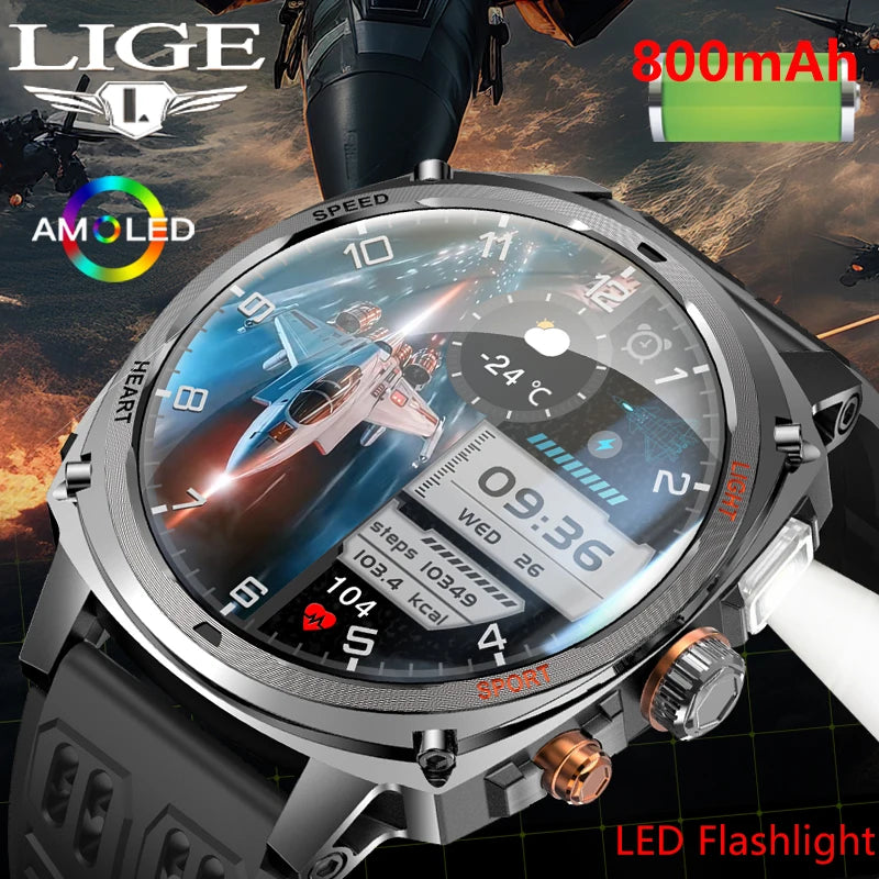 LIGE Rugged Military 1.75-inch AMOLED Screen Smart Watch With LED Flashlight 800mAh Battery Bluetooth Call Smart Watch Men Gift