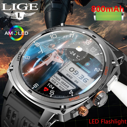 LIGE Rugged Military 1.75-inch AMOLED Screen Smart Watch With LED Flashlight 800mAh Battery Bluetooth Call Smart Watch Men Gift
