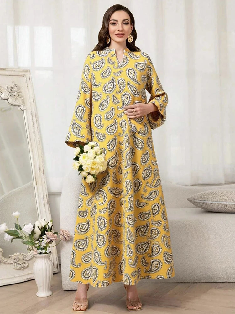 Rafiah Women's Arabian Dress Even Dress 2025 Summer Fashion Traditional Full Print Long Sleeve V-Neck Loose Fit Long Dress