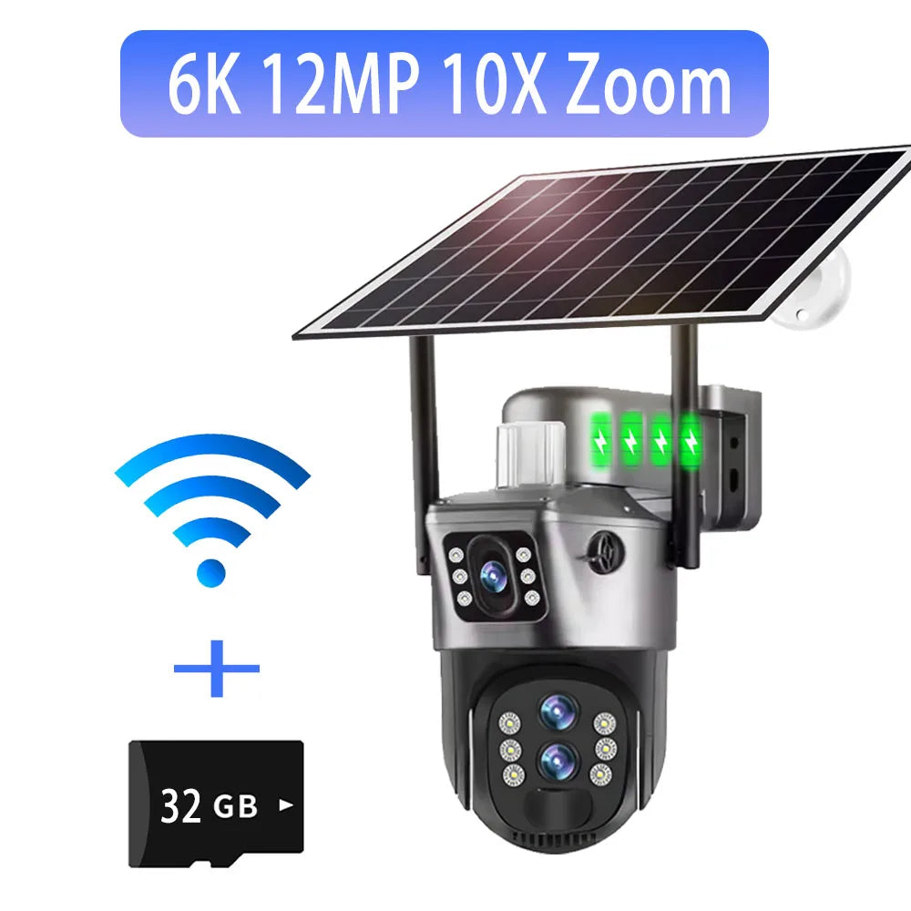 Solar Outdoor Surveillance Camera 4G Sim 6K 12MP Three Lens 10 Digital Zoom Wireless Cctv PTZ IP66 Security Solar Panel Cameras