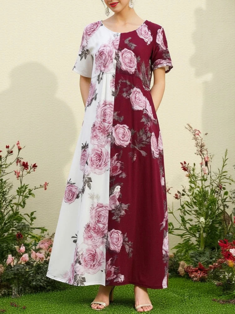 Rafiah Women's Dresses Summer Daily Comfortable Floral Patchwork Short Sleeve Crew Neck Midi Long Dress Loose Fit Shift Dresses