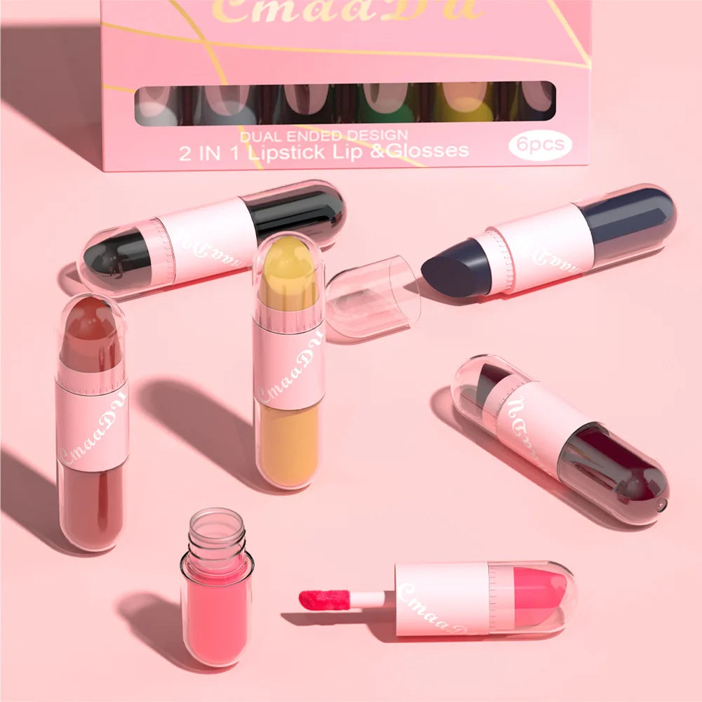 CmaaDu 2 IN 1 lipstick lip & glosses 6-piece matte Lipstick Face Color waterproof small size light weight easy to carry