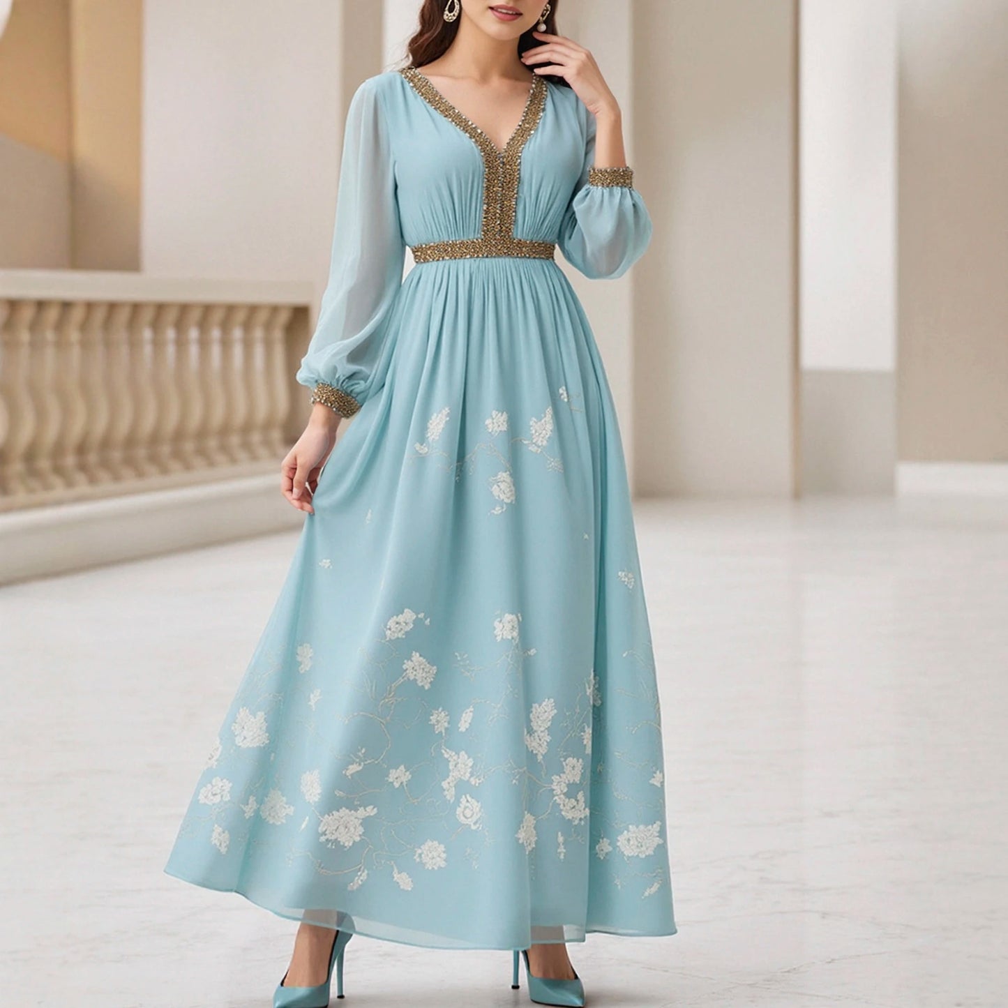 Rafiah Autumn Arabian Long Dress 2025 Modest Fashion Floral Patchwork Long Sleeve V-Neck Midi Shift Dresses For Women