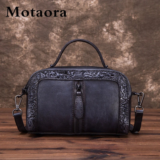 MOTAORA Genuine Leather Women Shoulder Bag Vintage Embossed Bags For Female Hand-painted Retro Crossbody Bag Ladies handbag