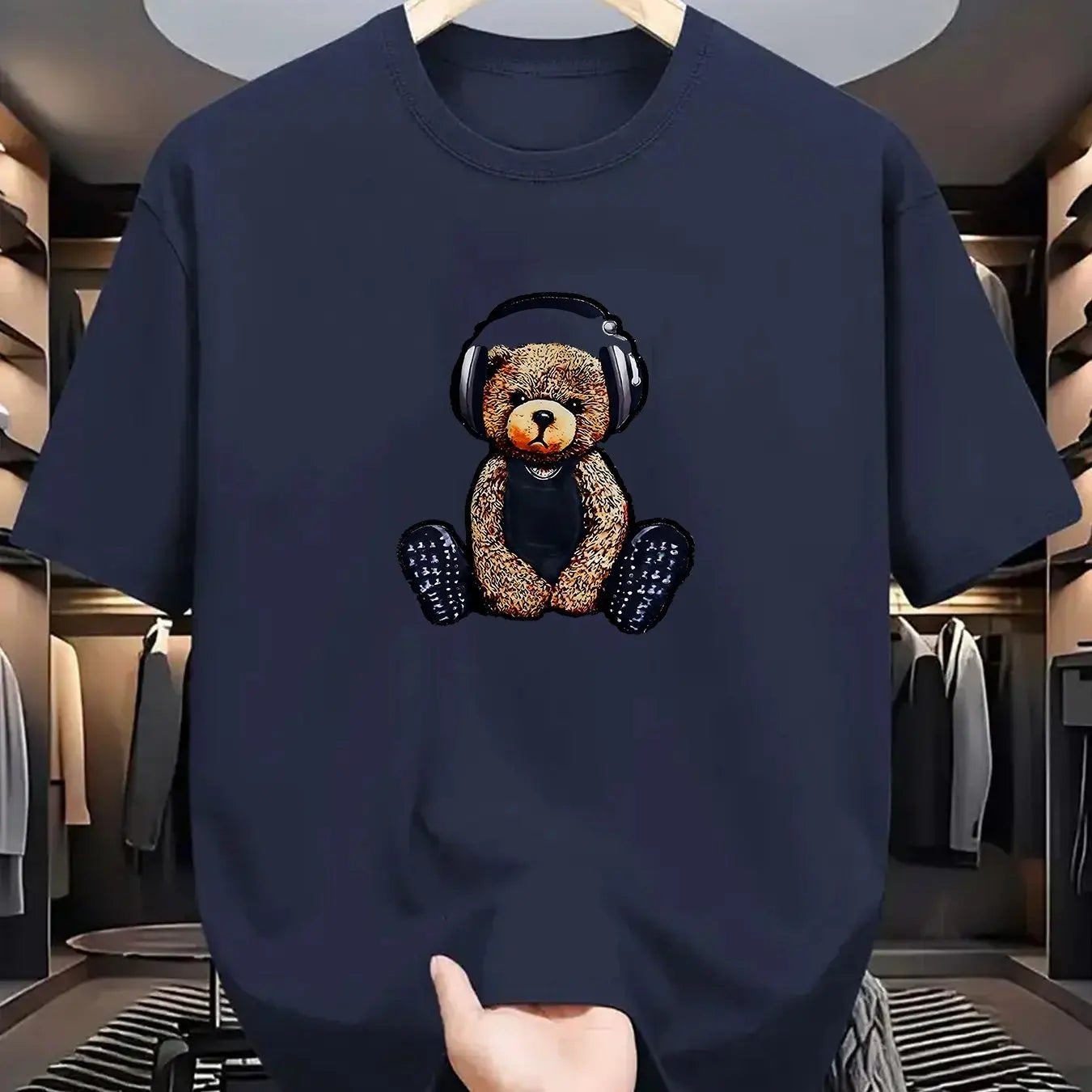 Men's Summer 100% Cotton Fashionable Casual Sports Loose Teddy Bear Headphones Print Round Neck Short Sleeve T-shirt Top