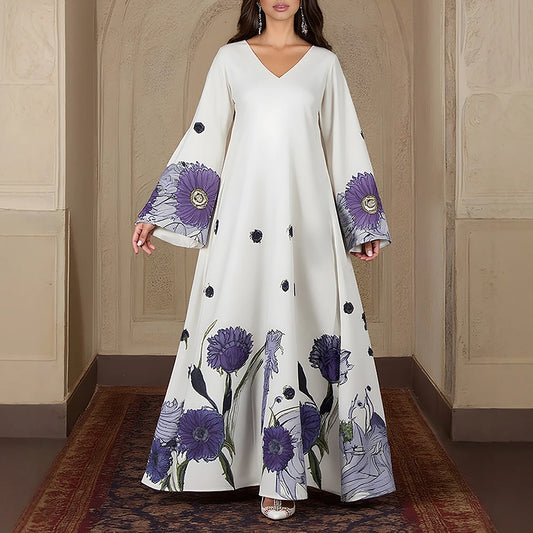 Rafiah Women's Dresses Summer Fashion Elegant 2025 Floral Cultural Long Sleeve V-Neck A-Line Vacation Long Dress