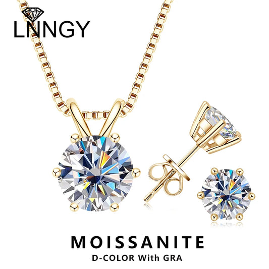 Lnngy 925 Sterling Silver Earring Necklace Certified GRA 0.5ct-3ct Solitaire Moissanite Pendant Necklace Earrings Jewelry Set