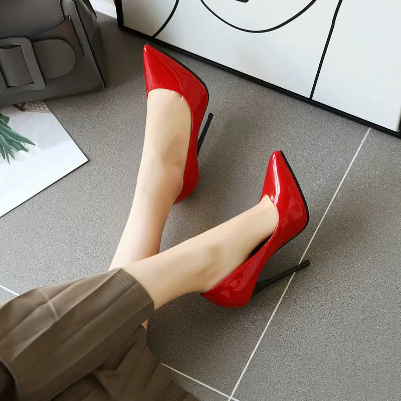 Women’s Pumps Classic Sexy Thin High Heels 12cm Patent Leather Stiletto Pointed Toe Party Elegant Office Shoes Big Size 34-48