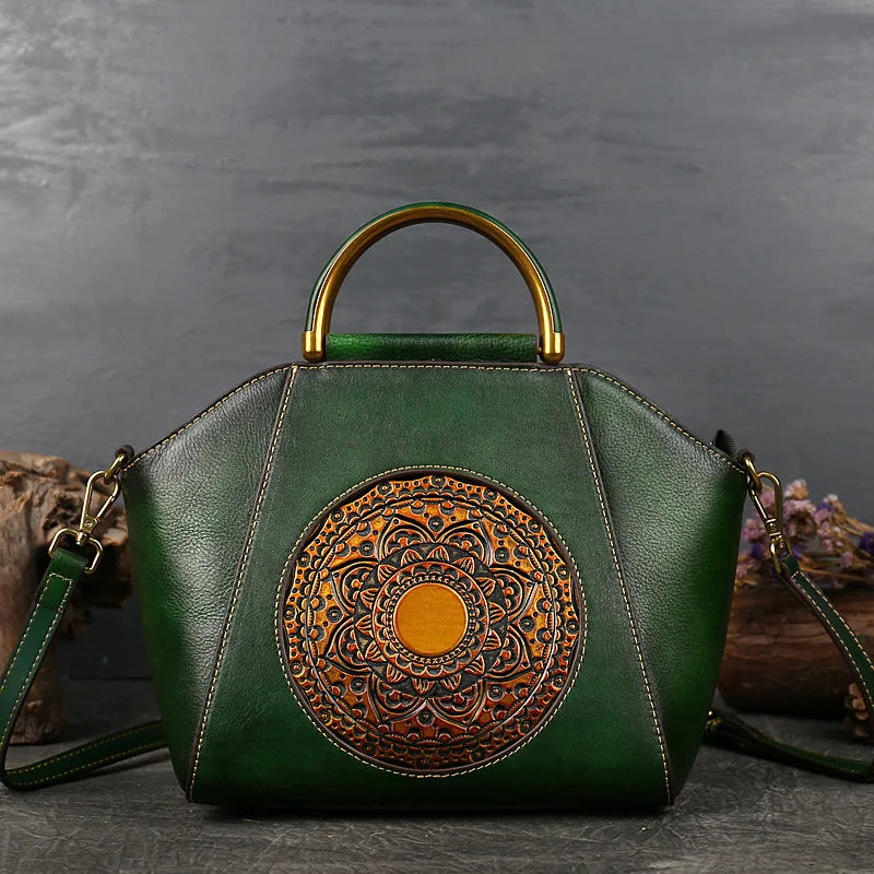 MOTAORA 2025 New Women Genuine Leather Handbags Organizer Retro Vegetable Tanning Leather Vintage Embossing Totem Shoulder Bag