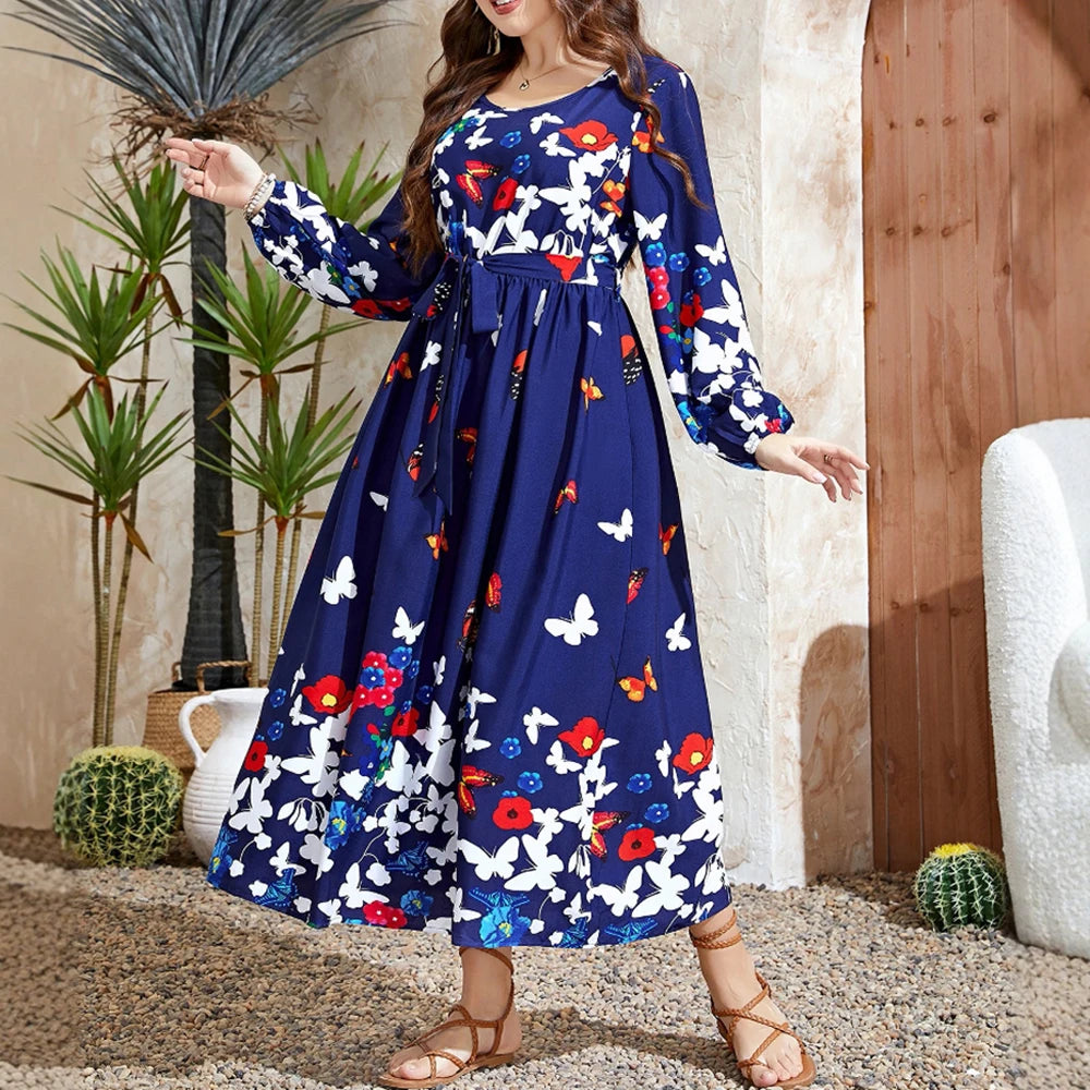 Plus Size Rafiah Women's Summer Long Dress 2025 Elegant Round-Neck Long Sleeve A-Line Maxi Butterfly Print Dating Dress