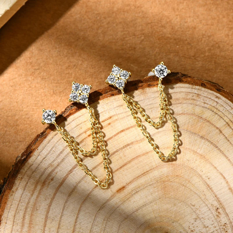 Lnngy 925 Sterling Silver Double Studs Chain Tassel Earrings GRA Certified 3mm&2mm Flower Moissanite Drop Earring For Women Gift