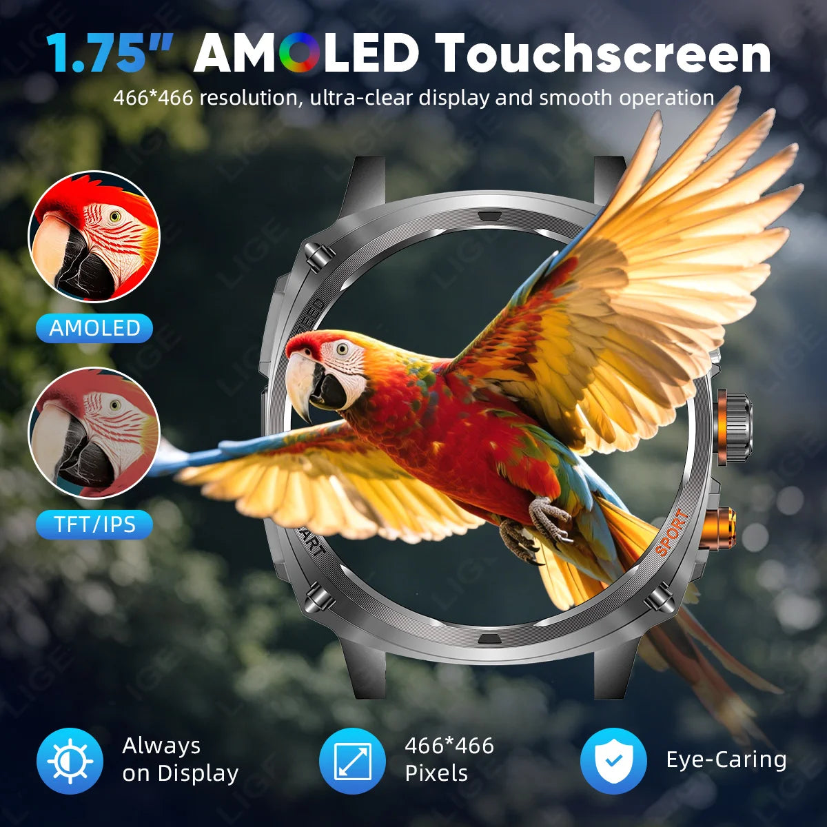 LIGE Rugged Military 1.75-inch AMOLED Screen Smart Watch With LED Flashlight 800mAh Battery Bluetooth Call Smart Watch Men Gift