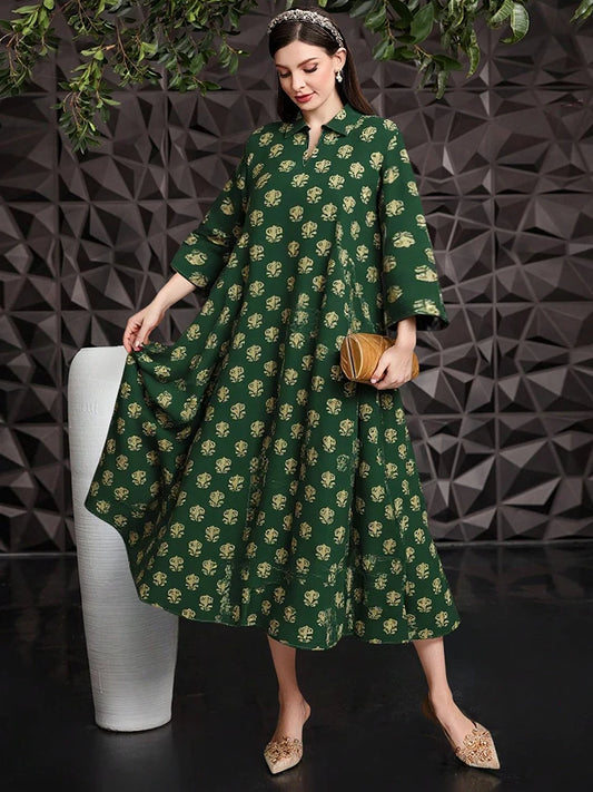 Rafiah Women's Even Dress Arabian 2025 Summer Modest Fashion Full Print Long Sleeve Lapel Midi Loose Fit Long Dress