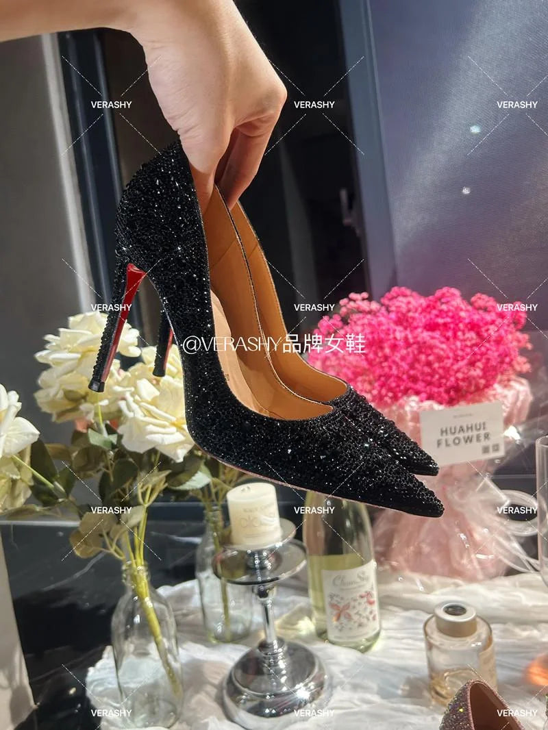 Crystal red soled high heels, black pointed shallow mouth single shoes, thin heels, evening temperament women's shoes