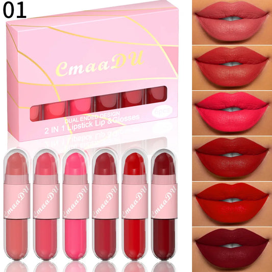 CmaaDu 2 IN 1 lipstick lip & glosses 6-piece matte Lipstick Face Color waterproof small size light weight easy to carry