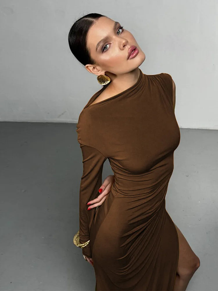 Articat Elegant Single Sleeve High Elasticity Tight Fold Dress Women New 2025 Winter Party Club Evening Dress Bodycon Vestdos